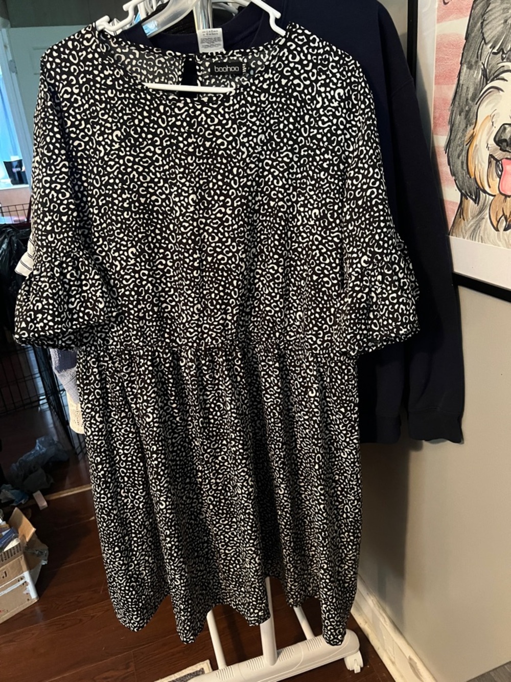 Boohoo Black & White Leopard-Print Tiered Babydoll Dress